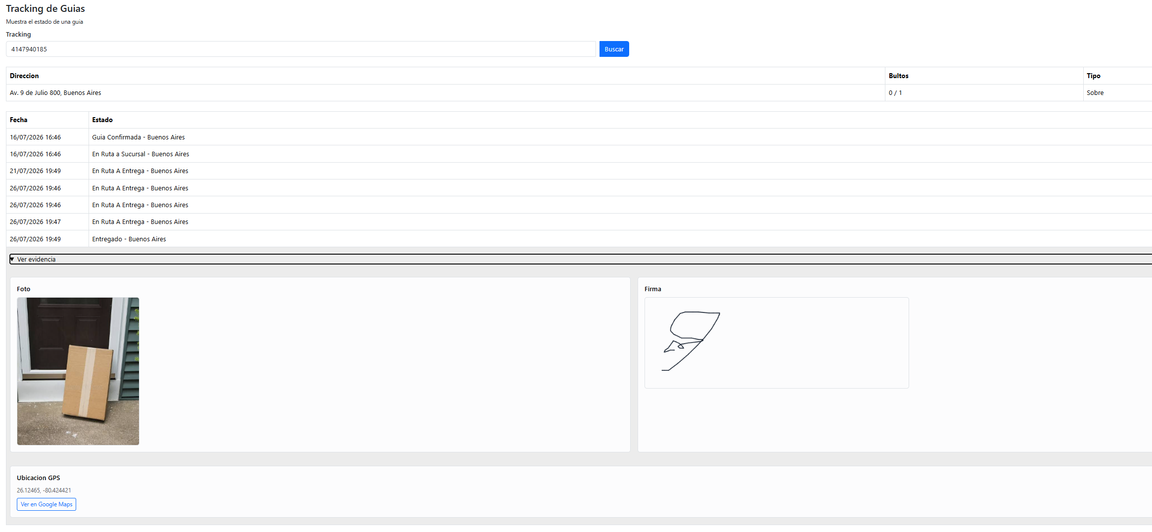 Pantalla Tracking con estado y seguimiento de guías en tiempo real.